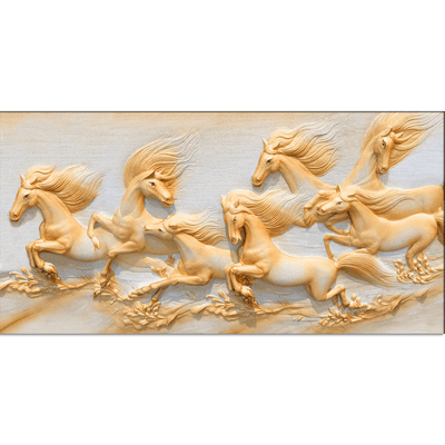 DecorGlance Rectangle painting Seven Golden Horses Running Canvas Wall Painting