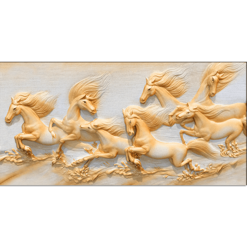DecorGlance Rectangle painting Seven Golden Horses Running Canvas Wall Painting