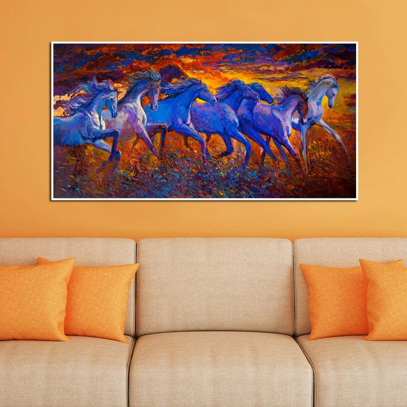 DecorGlance Rectangle painting Seven Horses Floating Frame Canvas Wall Painting