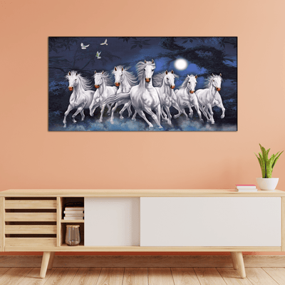 DecorGlance Rectangle painting Seven Horses Running At Night Canvas Wall Painting