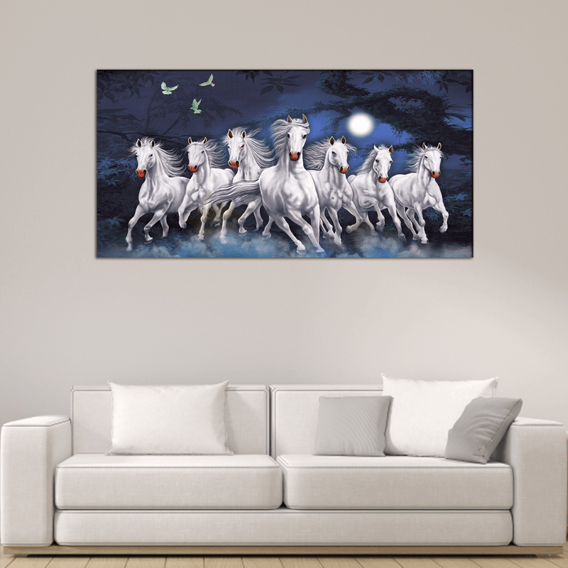 DecorGlance Rectangle painting Seven Horses Running At Night Canvas Wall Painting