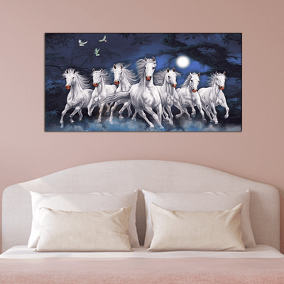 DecorGlance Rectangle painting Seven Horses Running At Night Canvas Wall Painting
