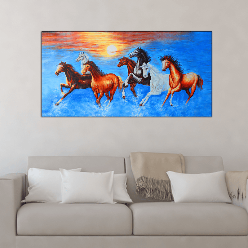 DecorGlance Rectangle painting Seven Running Horses Canvas Wall Painting