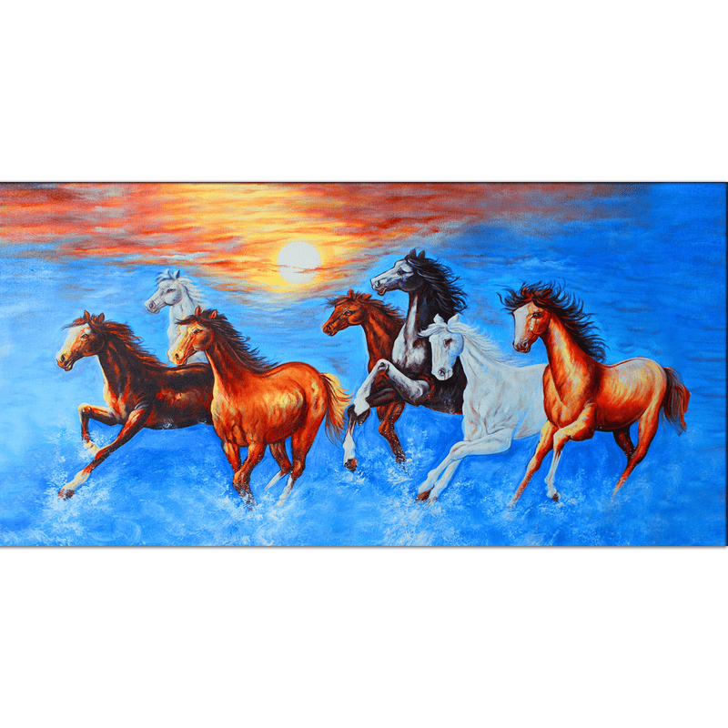 DecorGlance Rectangle painting Seven Running Horses Canvas Wall Painting