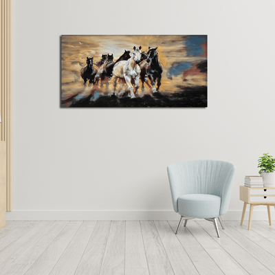 DecorGlance Rectangle painting Seven Running Horses Modern Art Abstract Canvas Wall Painting