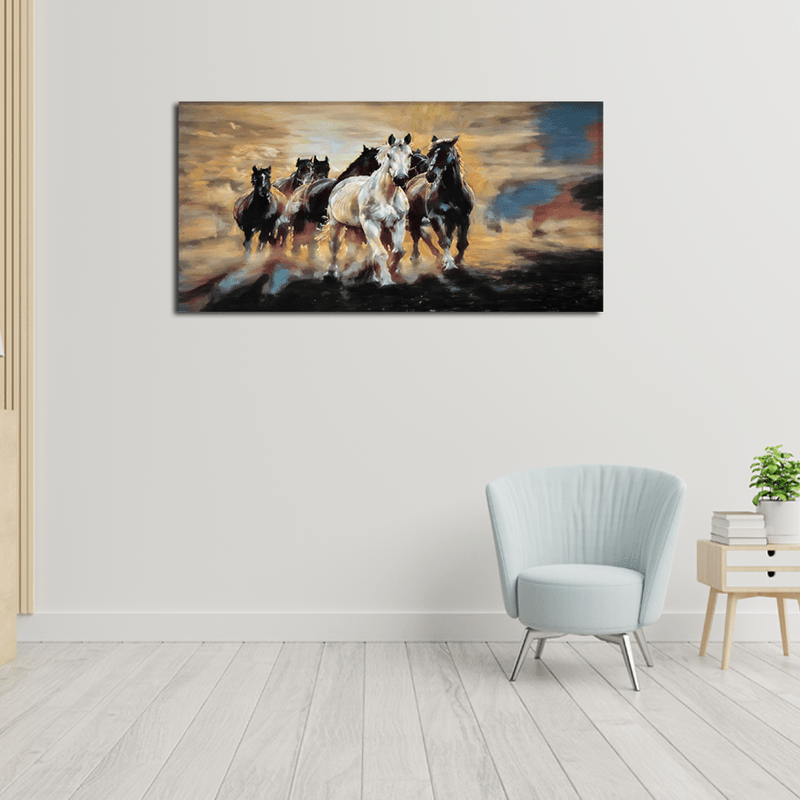 DecorGlance Rectangle painting Seven Running Horses Modern Art Abstract Canvas Wall Painting