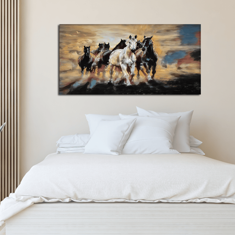 DecorGlance Rectangle painting Seven Running Horses Modern Art Abstract Canvas Wall Painting