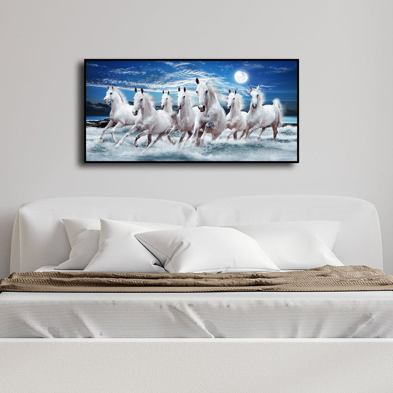 DecorGlance Rectangle painting Seven White Running Horses Floating Frame Wall Painting