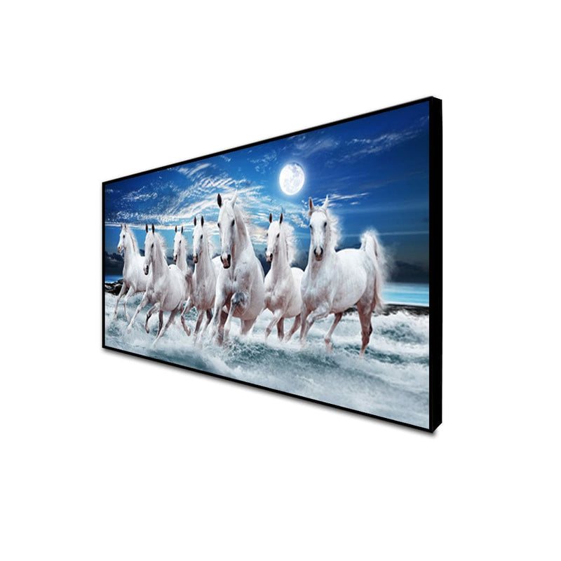DecorGlance Rectangle painting CANVAS PRINT BLACK FLOATING FRAME / (48x24) Inch / (60 X 121) Cm Seven White Running Horses Floating Frame Wall Painting