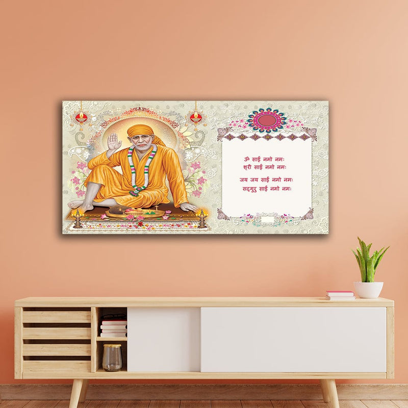 DecorGlance Rectangle painting Shirdi Sai Baba With Mantra Canvas Big Wall Painting