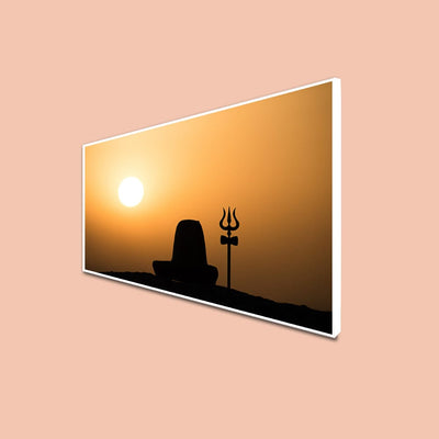 DecorGlance Rectangle painting CANVAS PRINT WHITE FLOATING FRAME / (48x24) Inch / (121x60) Cm Shiva Linga With Trishul Silhouette Canvas Floating Frame Wall Painting