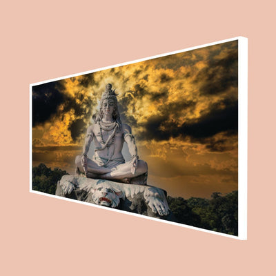DecorGlance Rectangle painting CANVAS PRINT WHITE FLOATING FRAME / (48x24) Inch / (121x60) Cm Shiva Meditating Rishikesh Canvas Wall Painting
