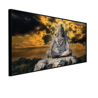 DecorGlance Rectangle painting CANVAS PRINT BLACK FLOATING FRAME / (48x24) Inch / (121x60) Cm Shiva Meditating Rishikesh Canvas Wall Painting