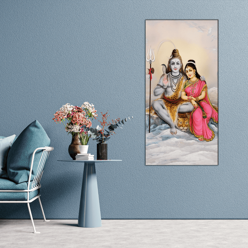 DecorGlance Rectangle painting Shiva Parvati In Kailash Canvas Wall Painting
