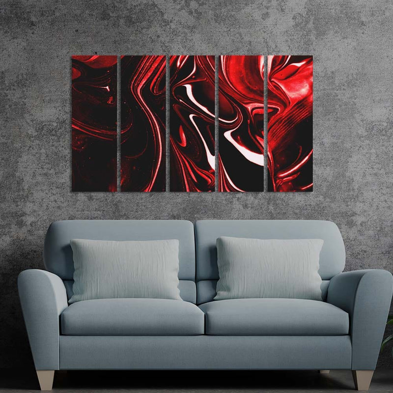 DecorGlance Red Fluid Effect Abstract Canvas Wall Painting - With 5 Panel