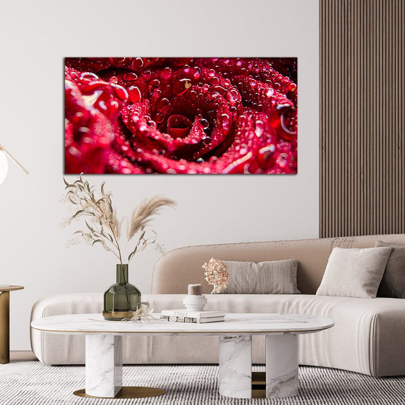 DecorGlance Red Rose Closeup With Water Drops Canvas Wall Painting
