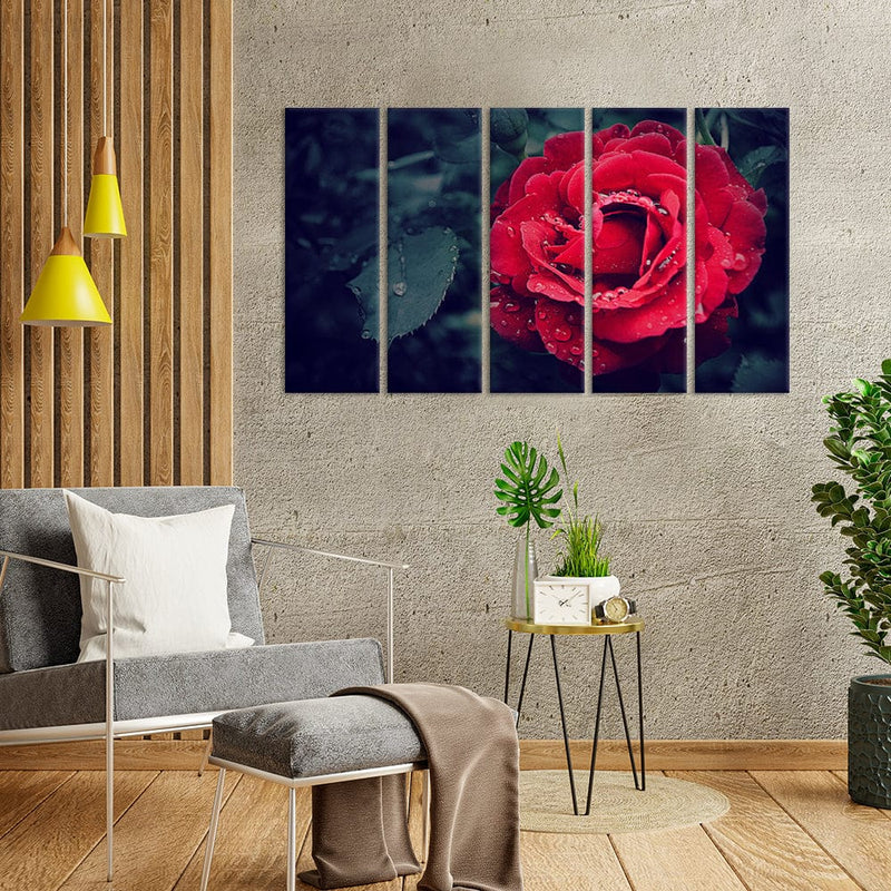 DecorGlance Red Rose Painting Canvas Wall Painting - With 5 Panel
