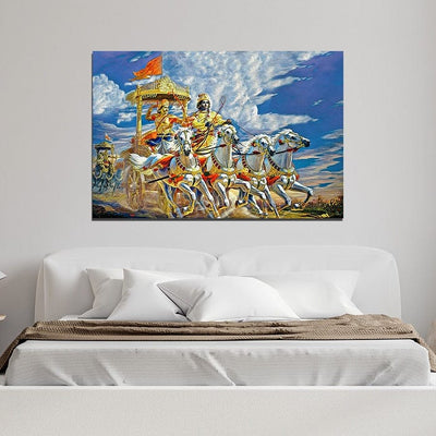 DecorGlance Religious painting Mahabharata Kurushetra Krishna Arjun Seen Canvas Wall Painting