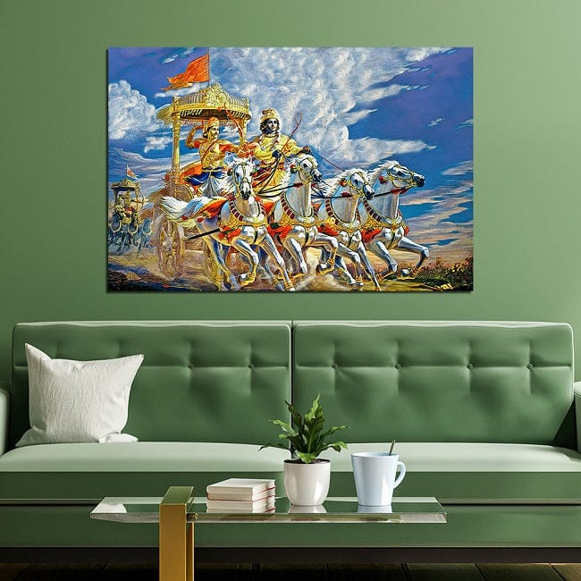 DecorGlance Religious painting Mahabharata Kurushetra Krishna Arjun Seen Canvas Wall Painting