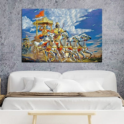 DecorGlance Religious painting Mahabharata Kurushetra Krishna Arjun Seen Canvas Wall Painting