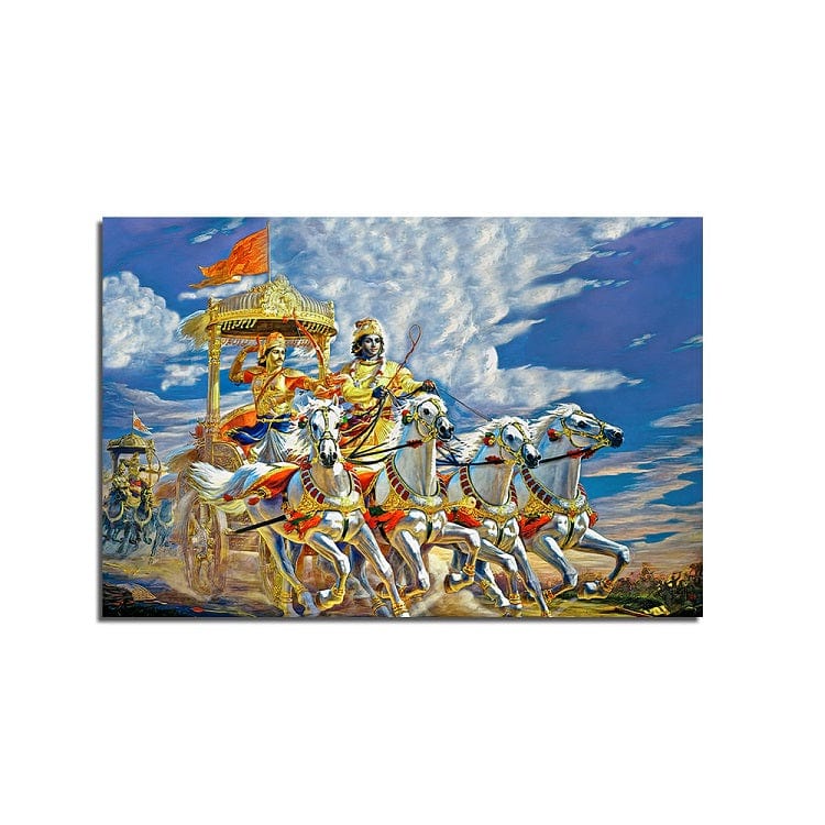 DecorGlance Religious painting Mahabharata Kurushetra Krishna Arjun Seen Canvas Wall Painting