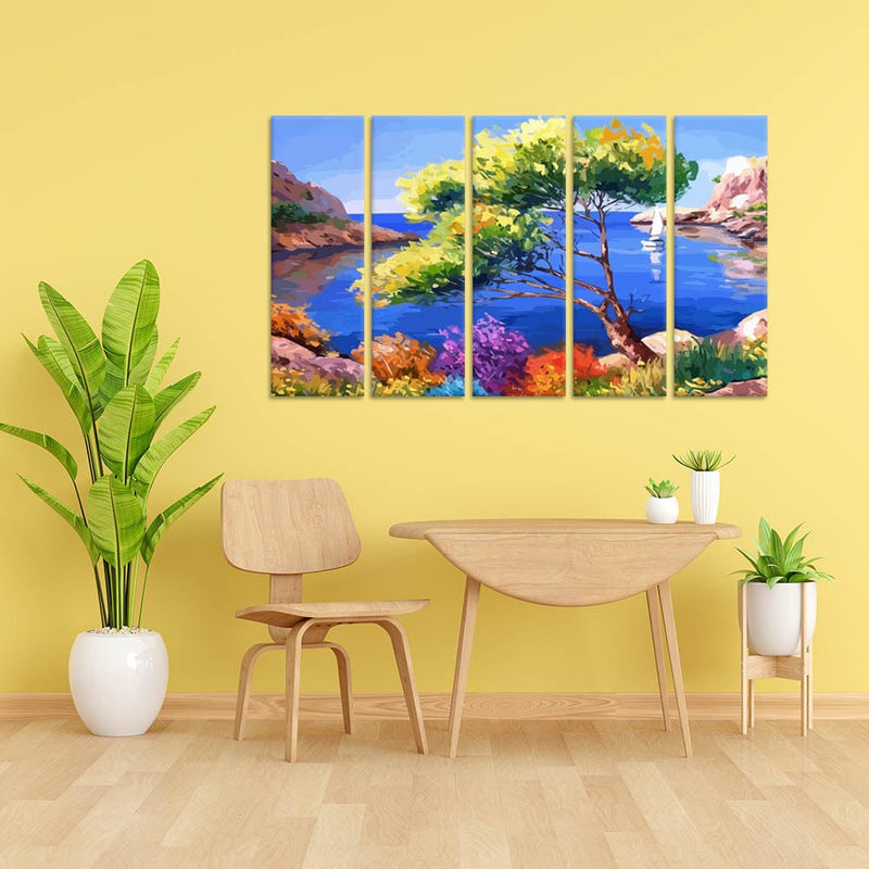 DecorGlance River View Canvas Wall Painting - With 5 Panel