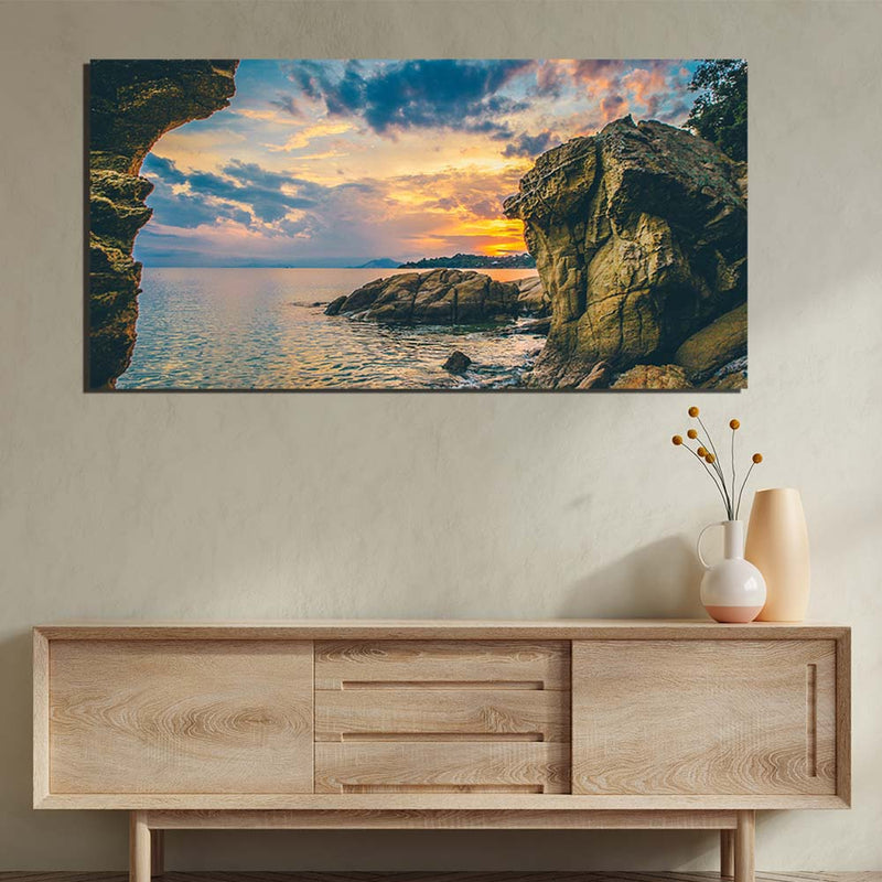 DecorGlance Rocks Beside The Sea  And Blue Sky Canvas Wall Painting