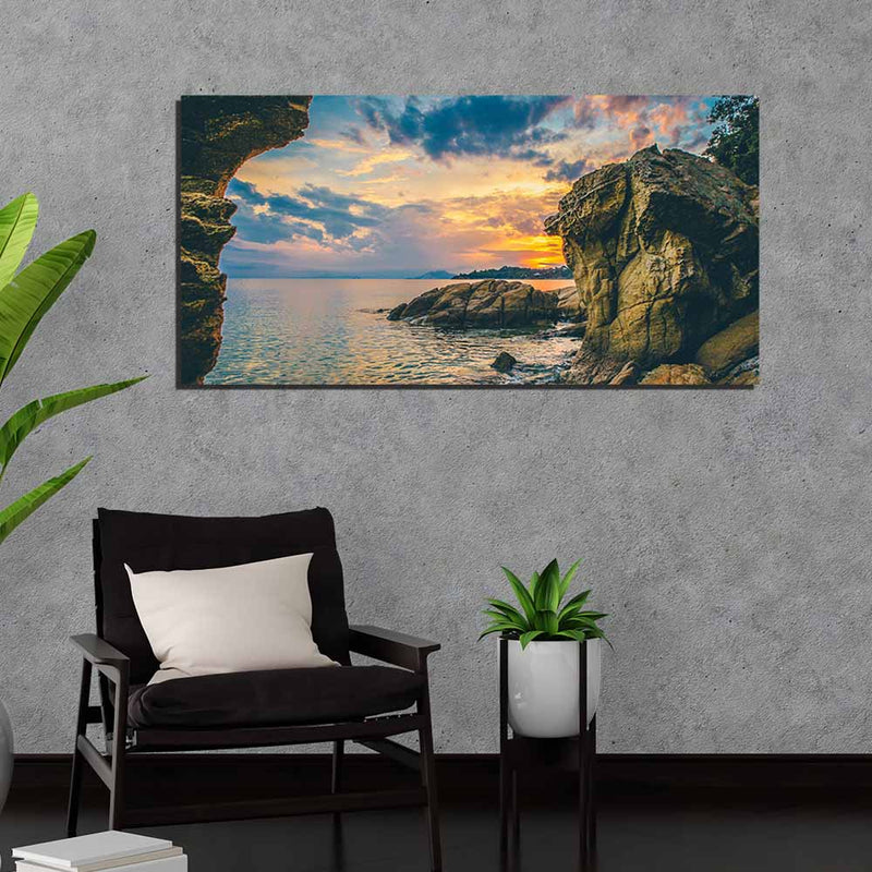 DecorGlance Rocks Beside The Sea  And Blue Sky Canvas Wall Painting