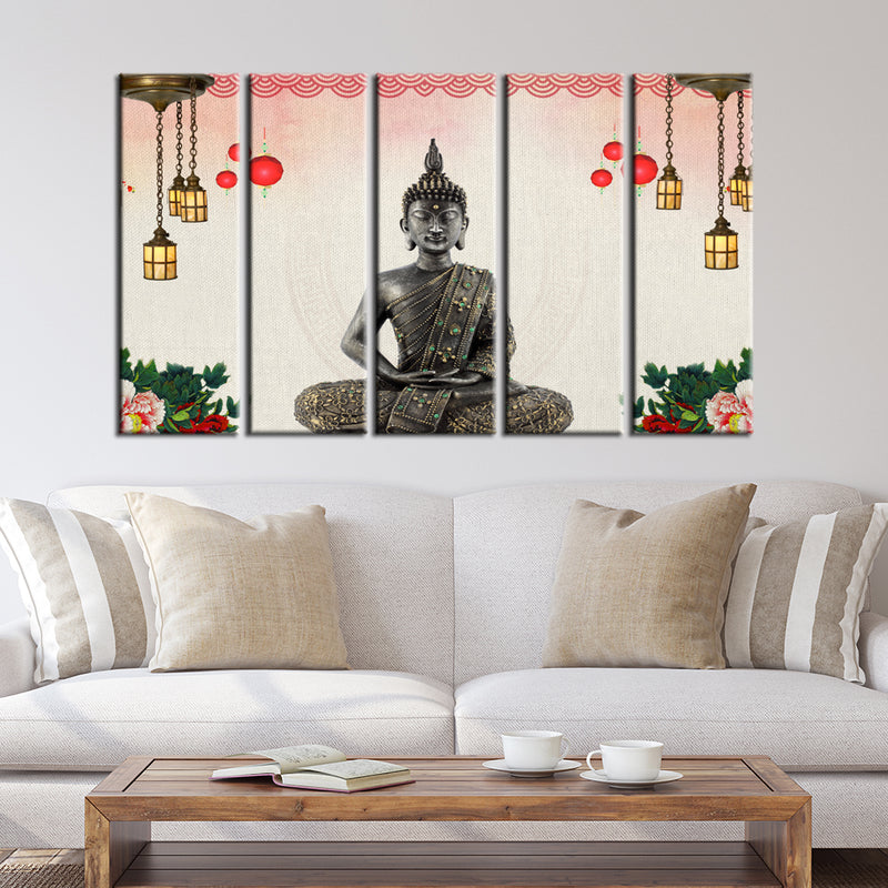 Buddha With Decorative Background Wood Framed Canvas Printed Wall Painting- With 5 Frames
