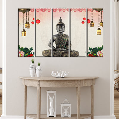 Buddha With Decorative Background Wood Framed Canvas Printed Wall Painting- With 5 Frames
