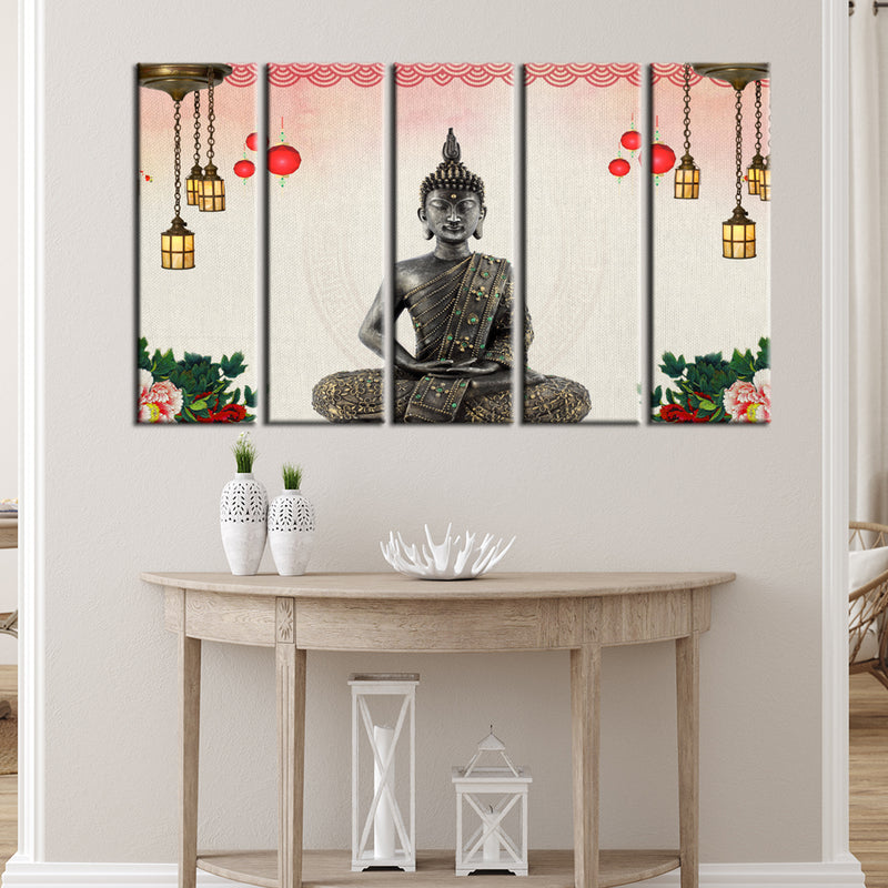 Buddha With Decorative Background Wood Framed Canvas Printed Wall Painting- With 5 Frames