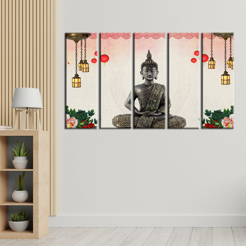 Buddha With Decorative Background Wood Framed Canvas Printed Wall Painting- With 5 Frames