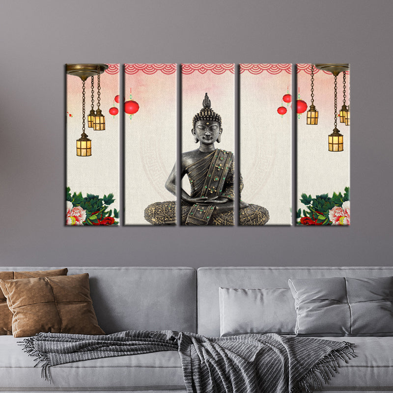 Buddha With Decorative Background Wood Framed Canvas Printed Wall Painting- With 5 Frames