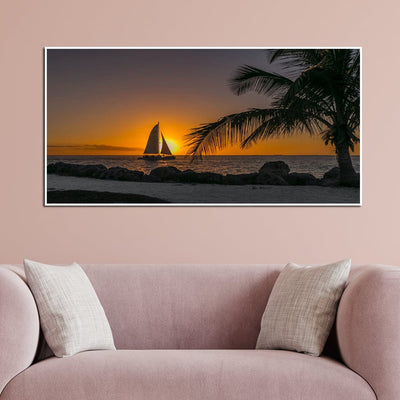 DecorGlance Row Boat In Beach During Sunset Canvas Floating Frame Wall Painting