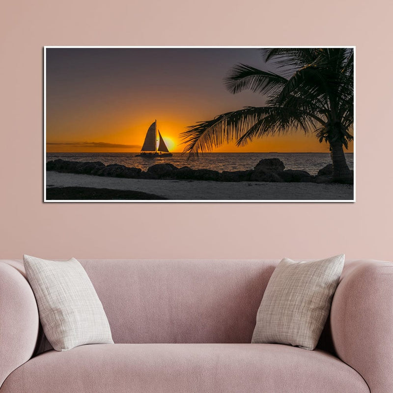 DecorGlance Row Boat In Beach During Sunset Canvas Floating Frame Wall Painting