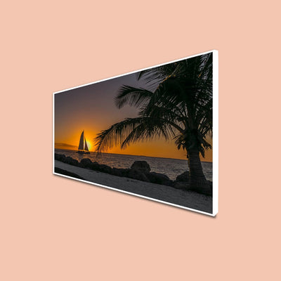 DecorGlance CANVAS PRINT WHITE FLOATING FRAME / (48x24) Inch / (121x60) Cm Row Boat In Beach During Sunset Canvas Floating Frame Wall Painting