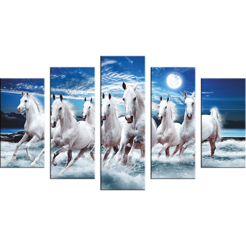 DECORGLANCE Seven White Running Horses Canvas Panel Wall Painting - 5 Frames