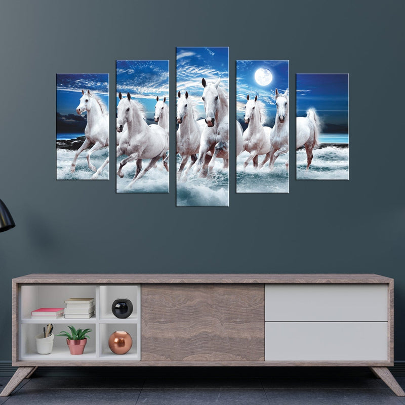 DECORGLANCE Seven White Running Horses Canvas Panel Wall Painting - 5 Frames