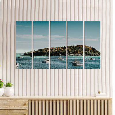 DecorGlance Ships In River View Canvas Wall Painting - With 5 Panel