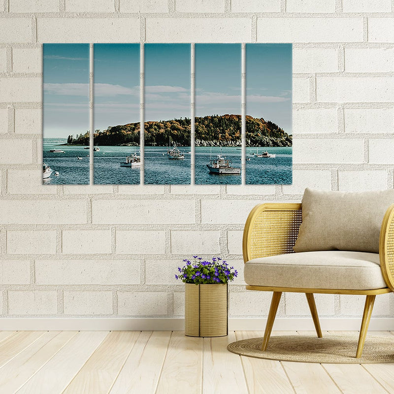 DecorGlance Ships In River View Canvas Wall Painting - With 5 Panel