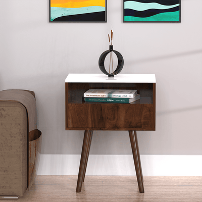 DecorGlance Side table Side table with wood finish white top and storage
