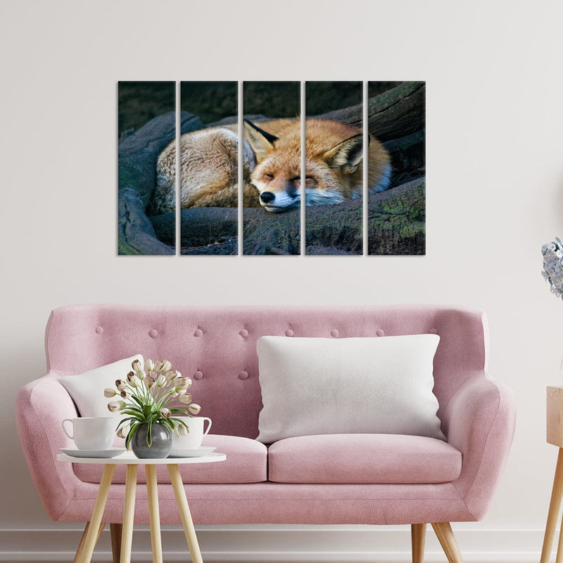 DecorGlance Sleeping Fox Canvas Wall Painting - With 5 Panel