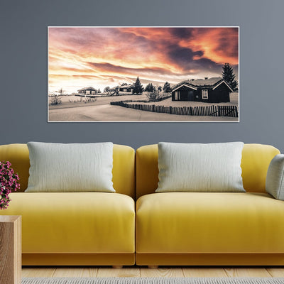 DecorGlance Snow Covered Huts Canvas Floating Frame Wall Painting