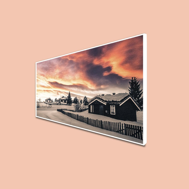 DecorGlance CANVAS PRINT WHITE FLOATING FRAME / (48x24) Inch / (121x60) Cm Snow Covered Huts Canvas Floating Frame Wall Painting