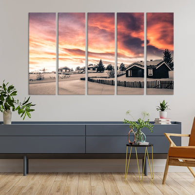 DecorGlance Snow Covered Huts Canvas Wall Painting - With 5 Panel