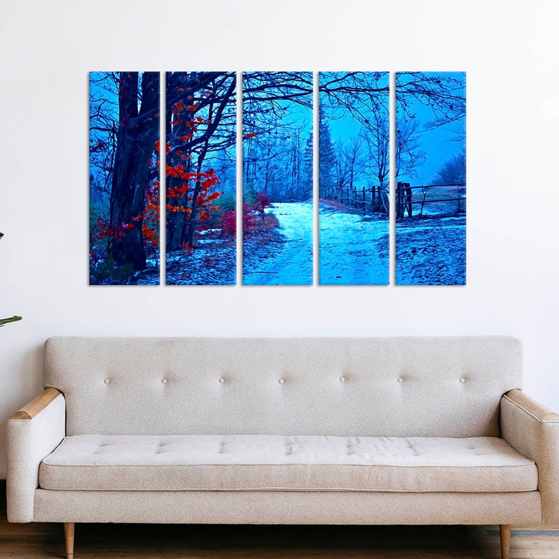 DecorGlance Snow Covered Road  Canvas Wall Painting - With 5 Panel