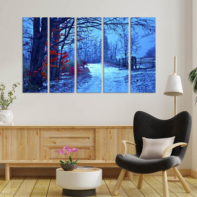 DecorGlance Snow Covered Road  Canvas Wall Painting - With 5 Panel