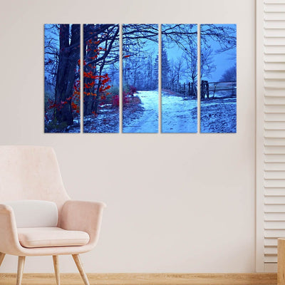 DecorGlance Snow Covered Road  Canvas Wall Painting - With 5 Panel