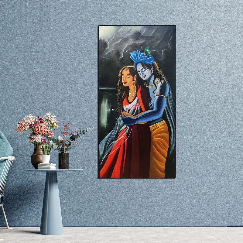 Handmade Radha Krishna Abstract Portrait Canvas Wall Painting (Acrylic Color)