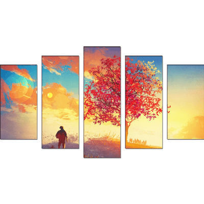 DECORGLANCE Sunrise Tree Scenery Canvas Wall Painting - With 5 Frames